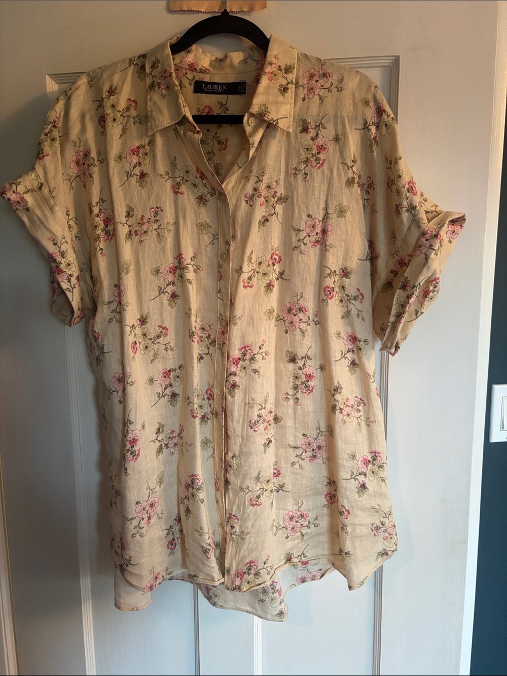 Ralph Lauren Linen Cream Floral Button-Up Blouse